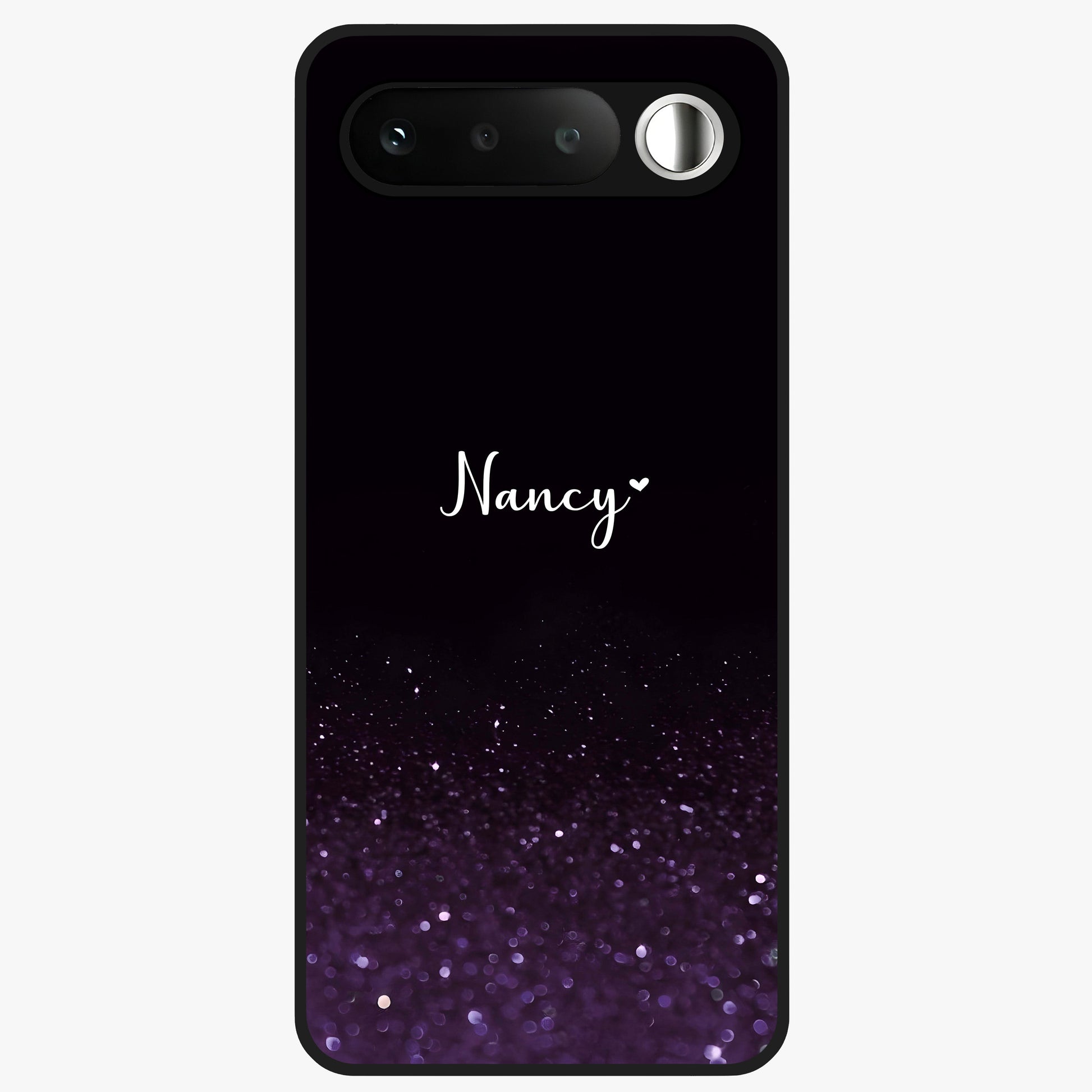 Glittery Purple Bokeh Custom Name Glass Case showing flat back view with purple bokeh sparkle artwork and personalized name design.