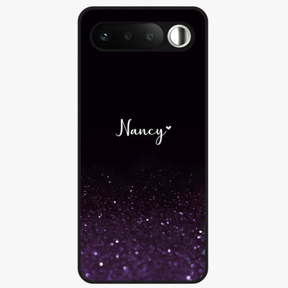 Glittery Purple Bokeh Custom Name Glass Case showing flat back view with purple bokeh sparkle artwork and personalized name design.