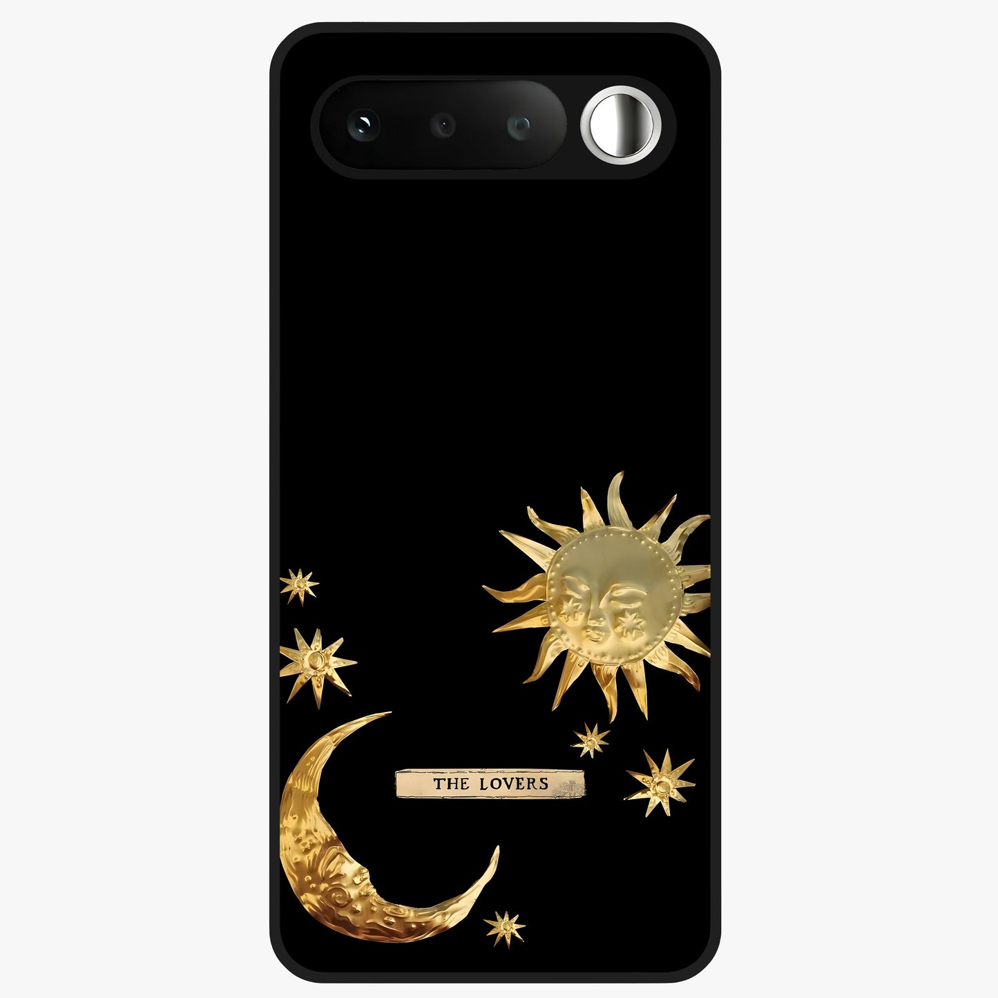Golden Celestial Charm Glass Case showing flat back view with golden celestial charm artwork and glossy glass finish.
