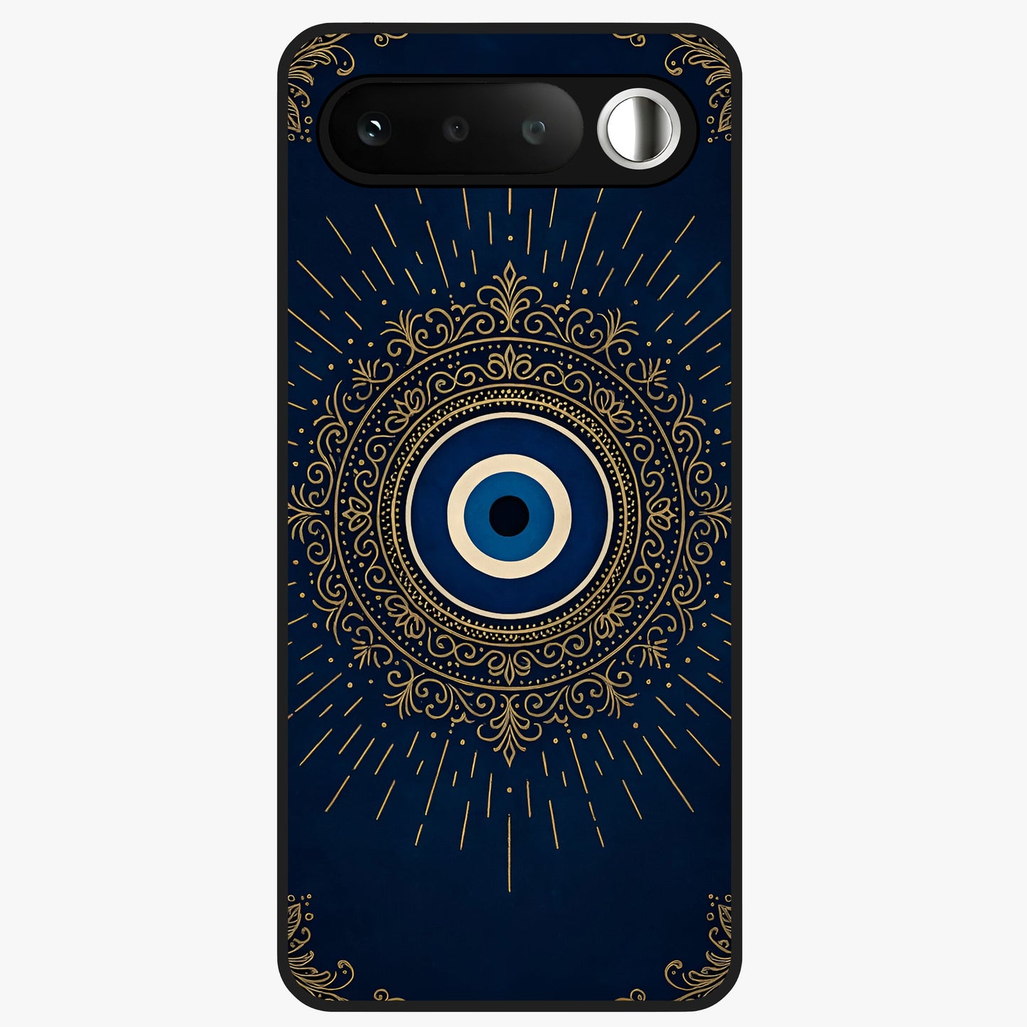 Golden Evil Eye Mandala Glass Case showing flat back view with intricate evil eye mandala artwork and glossy glass finish.