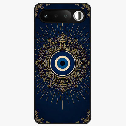 Golden Evil Eye Mandala Glass Case showing flat back view with intricate evil eye mandala artwork and glossy glass finish.