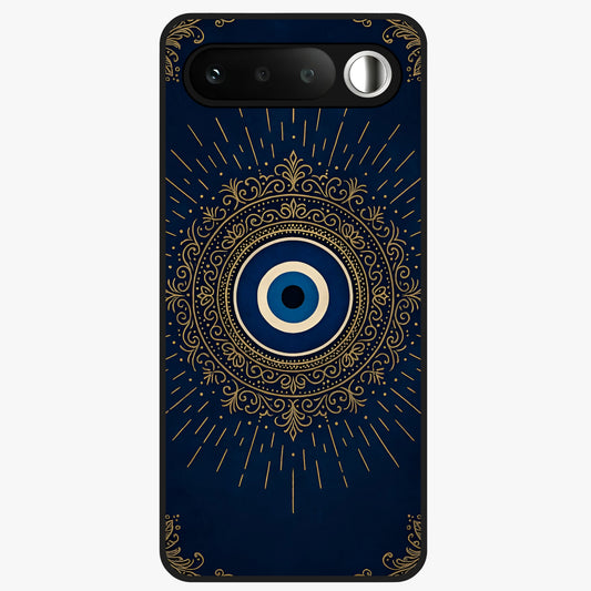 Golden Evil Eye Mandala Glass Case showing flat back view with intricate evil eye mandala artwork and glossy glass finish.