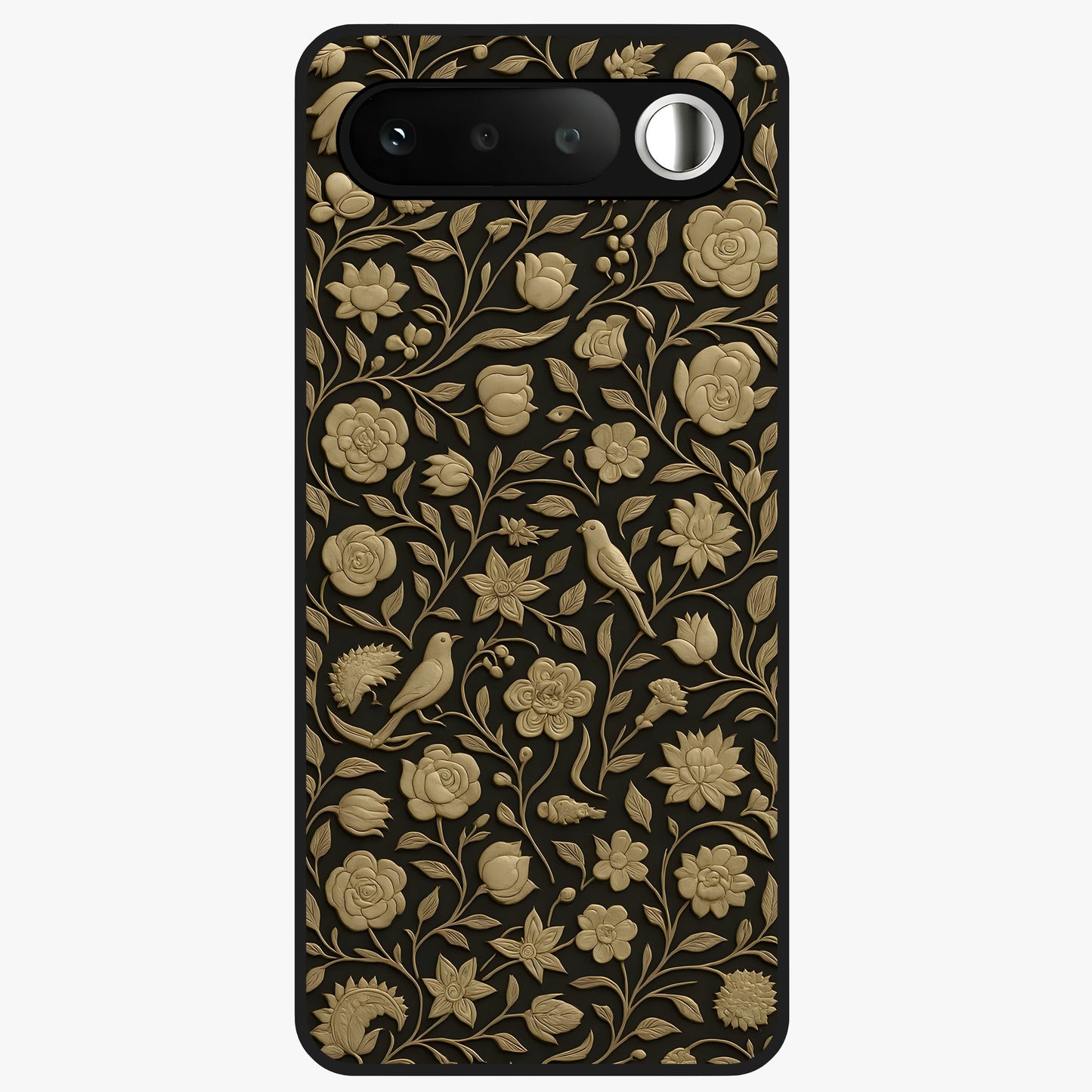 Golden Floral Majesty Glass Case showing flat back view with luxurious golden floral artwork and glossy glass finish.