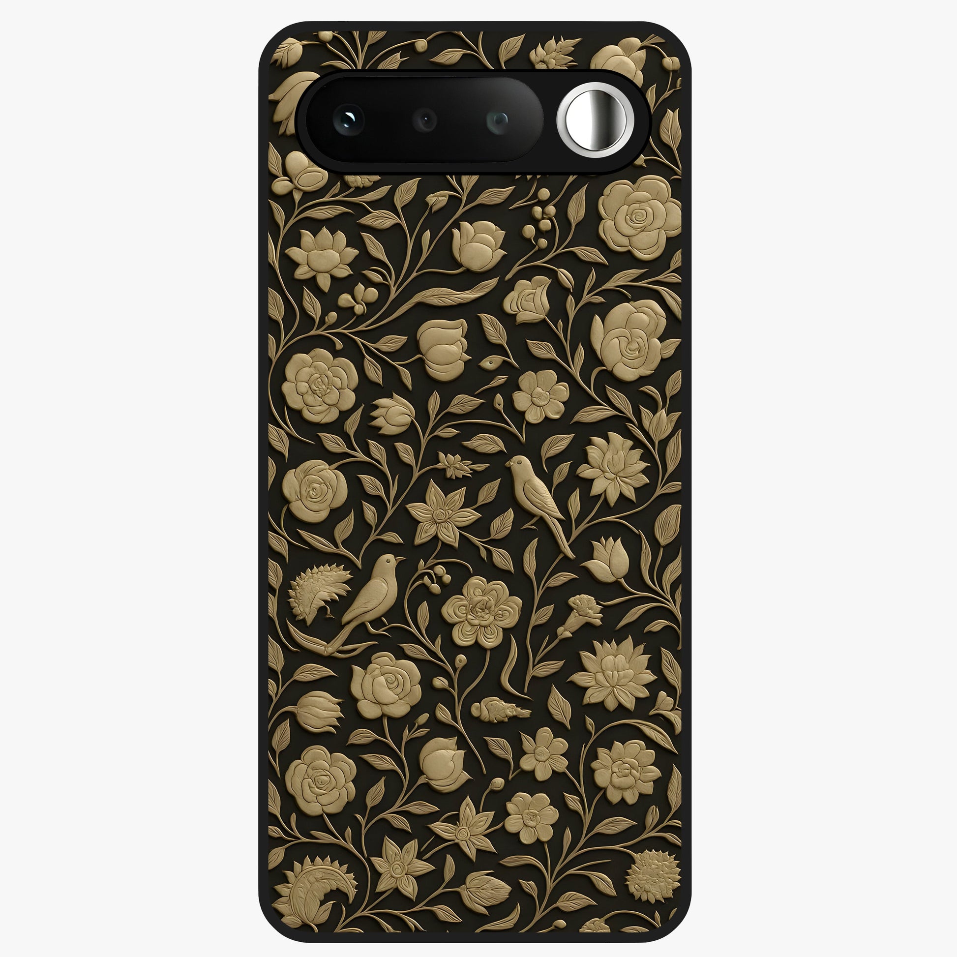 Golden Floral Majesty Glass Case showing flat back view with luxurious golden floral artwork and glossy glass finish.