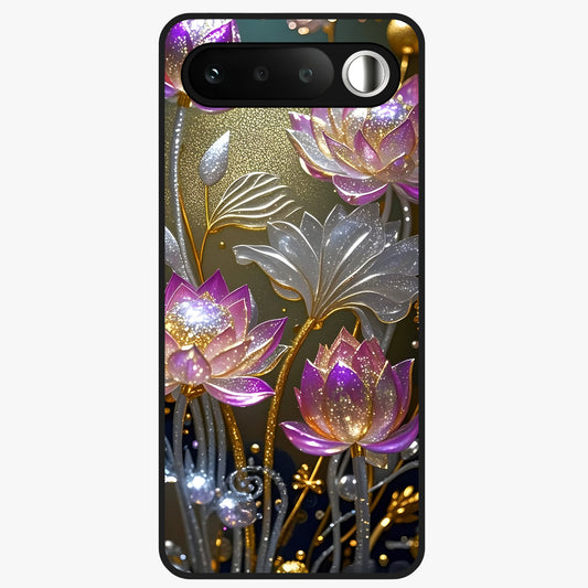 Golden Lotus Glow Glass Case showing flat back view with glowing lotus flower artwork and glossy glass finish.