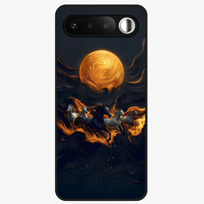Golden Stallion Moonride Glass Case showing flat back view with majestic horse under moonlight artwork and glossy glass finish.