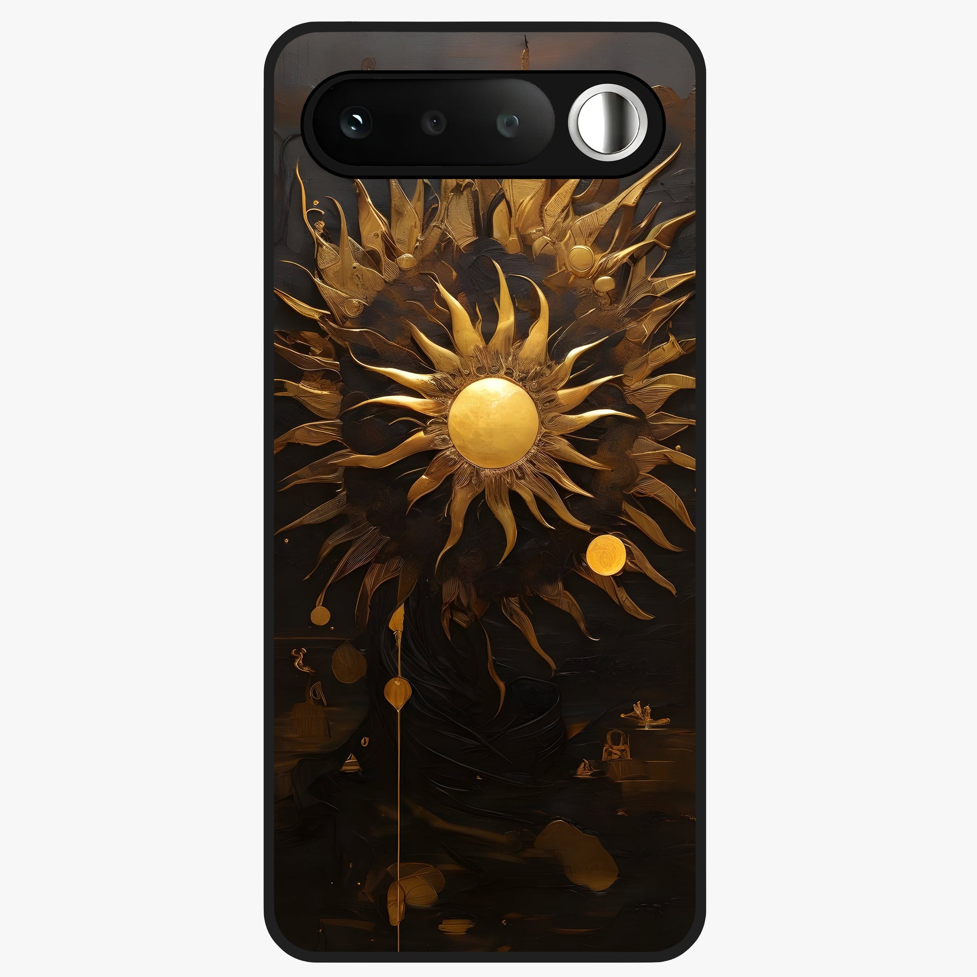 Golden Sun Majesty Glass Case showing flat back view with radiant golden sun artwork and glossy glass finish.