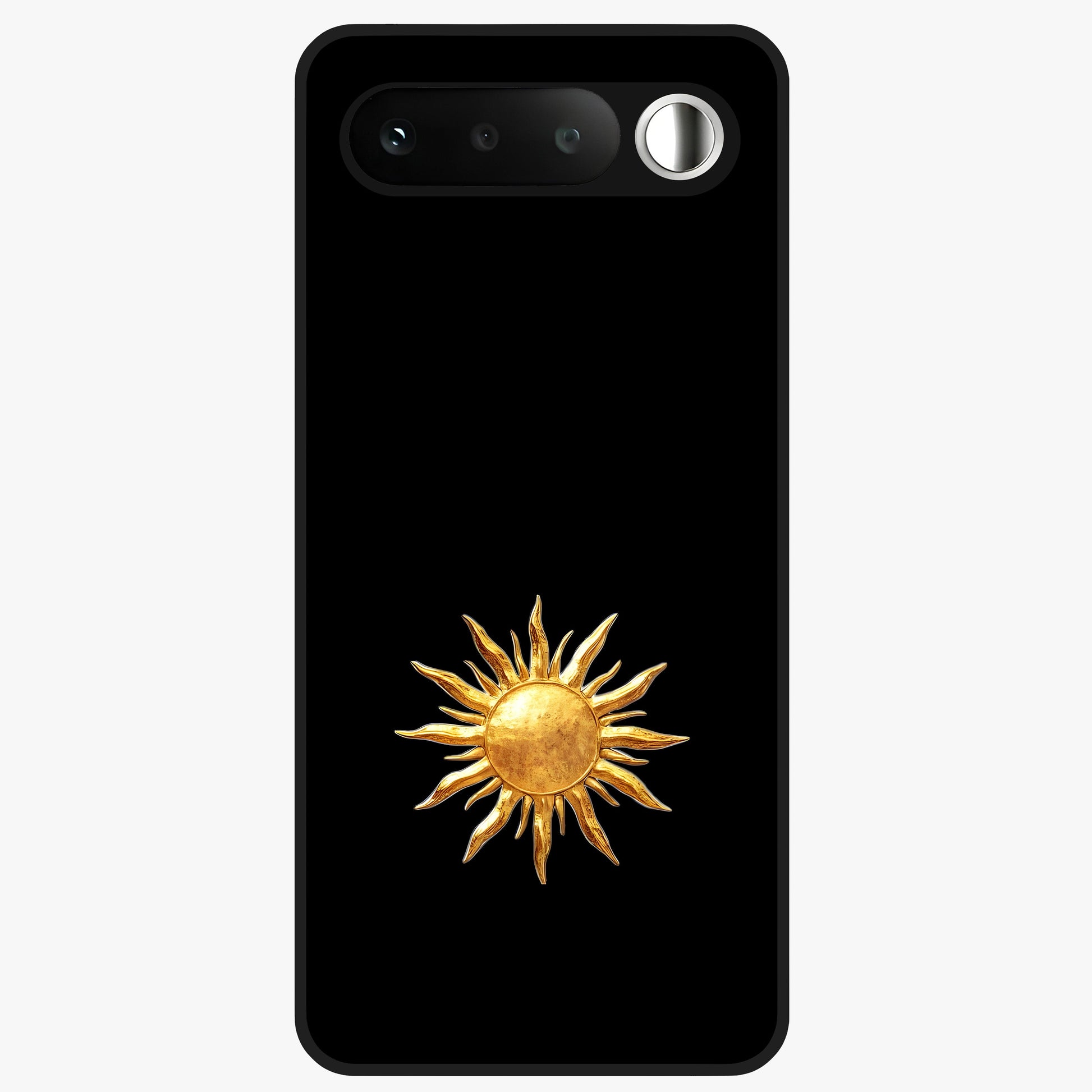 Golden Sun Minimalism Glass Case showing flat back view with minimal golden sun artwork and glossy glass finish.