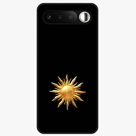Golden Sun Minimalism Glass Case showing flat back view with minimal golden sun artwork and glossy glass finish.