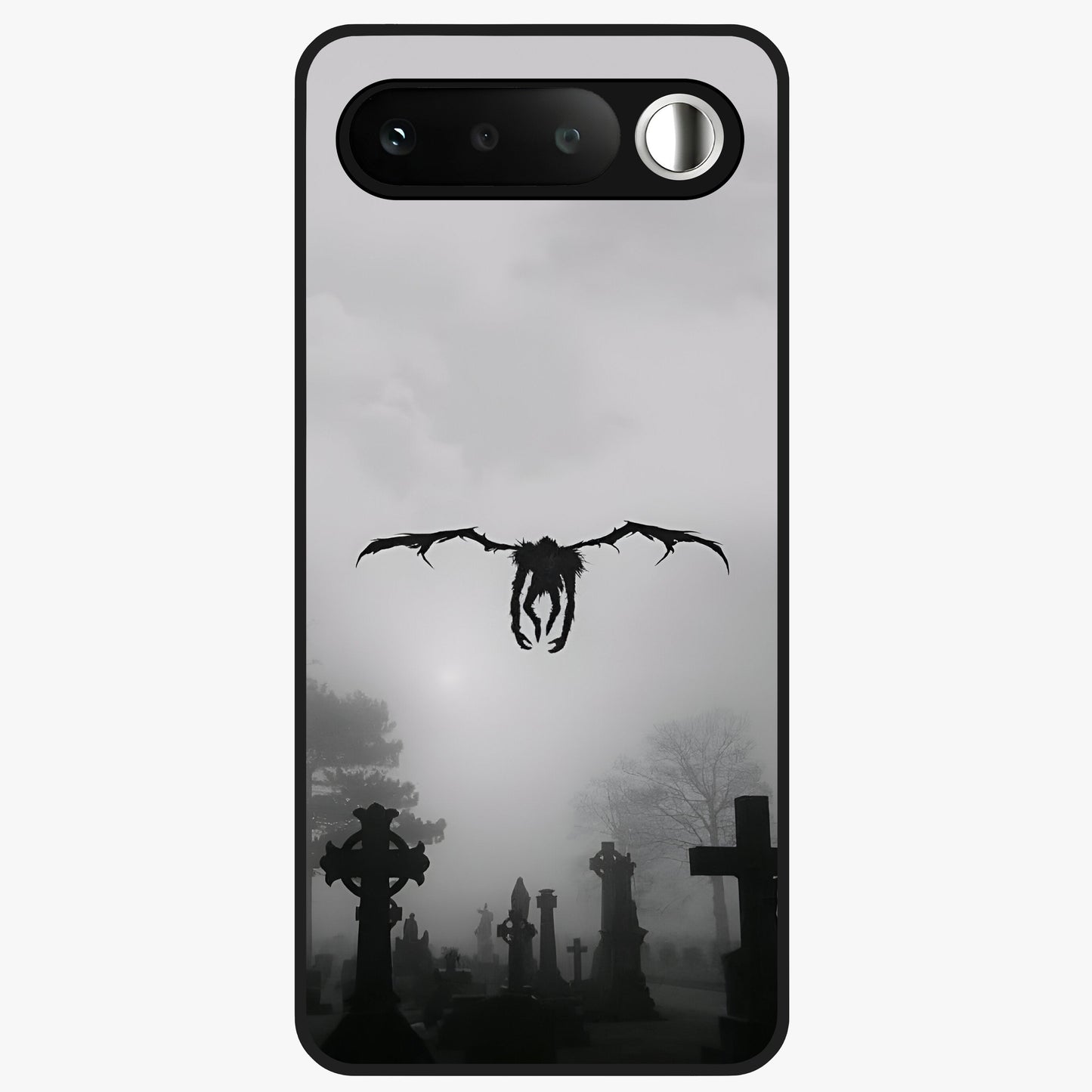 Graveyard Shadow Descent Glass Case showing flat back view with dark graveyard themed artwork and glossy glass finish.