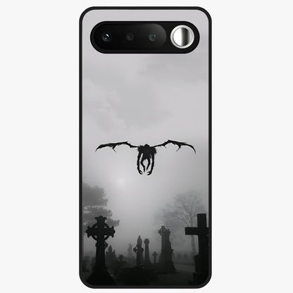 Graveyard Shadow Descent Glass Case showing flat back view with dark graveyard themed artwork and glossy glass finish.