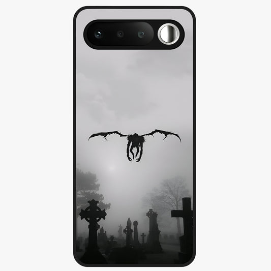 Graveyard Shadow Descent Glass Case showing flat back view with dark graveyard themed artwork and glossy glass finish.