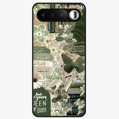 Green Islamic Books Quotes Glass Case showing flat back view with Islamic quotes and book themed artwork and glossy glass finish.