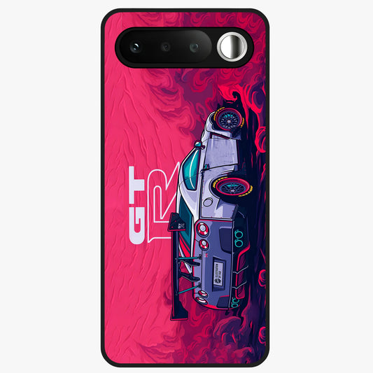 GT-R Car Pattern Glass Case showing flat back view with sporty car inspired pattern artwork and glossy glass finish.