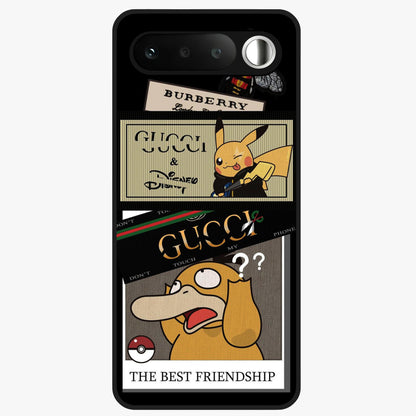 Gucci Play Mashup Glass Case showing flat back view with luxury inspired graphic artwork and glossy glass finish.