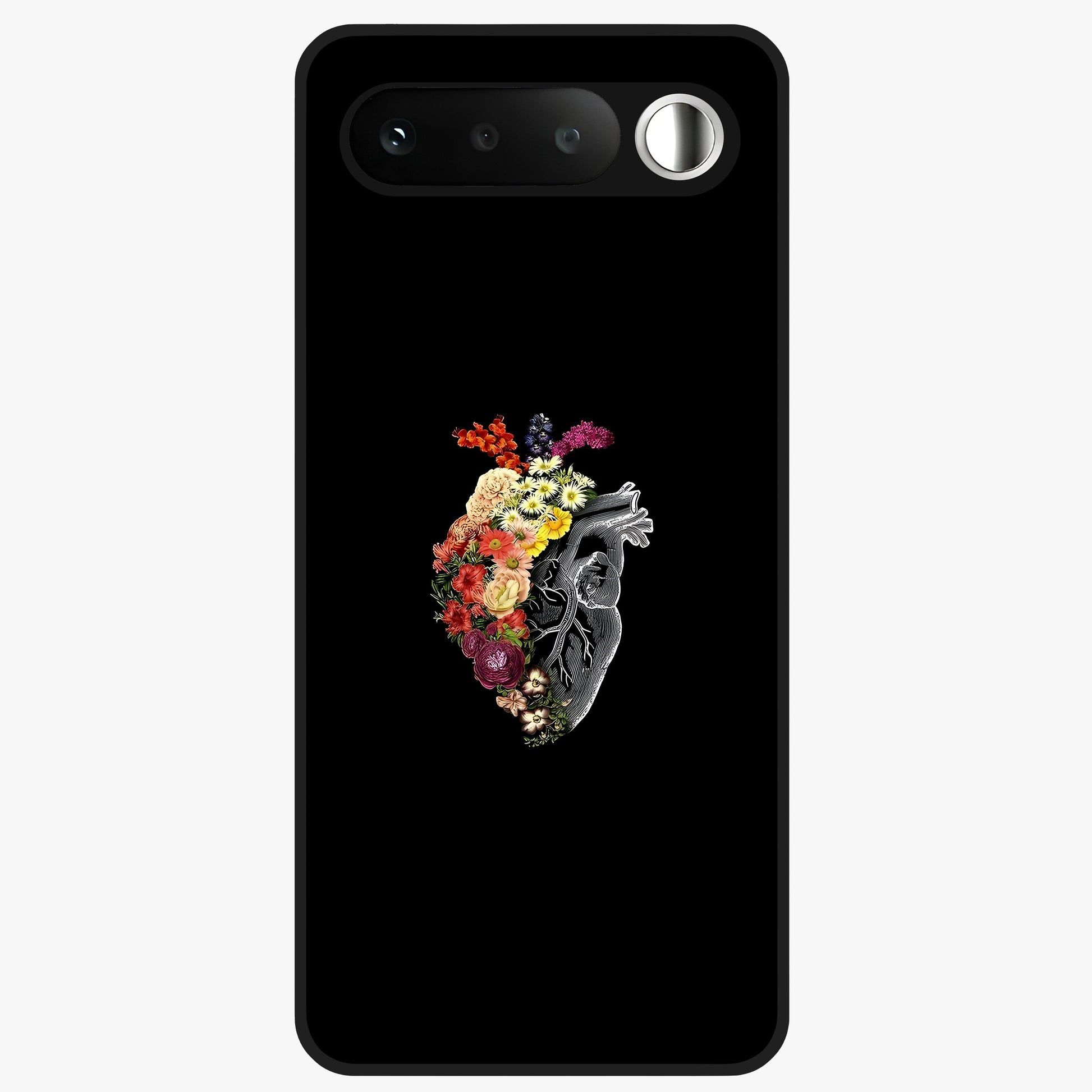 Heart With Flowers Glass Case showing flat back view with heart shaped floral artwork and glossy glass finish.