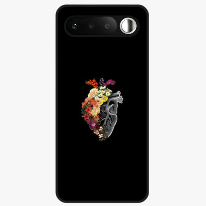 Heart With Flowers Glass Case showing flat back view with heart shaped floral artwork and glossy glass finish.
