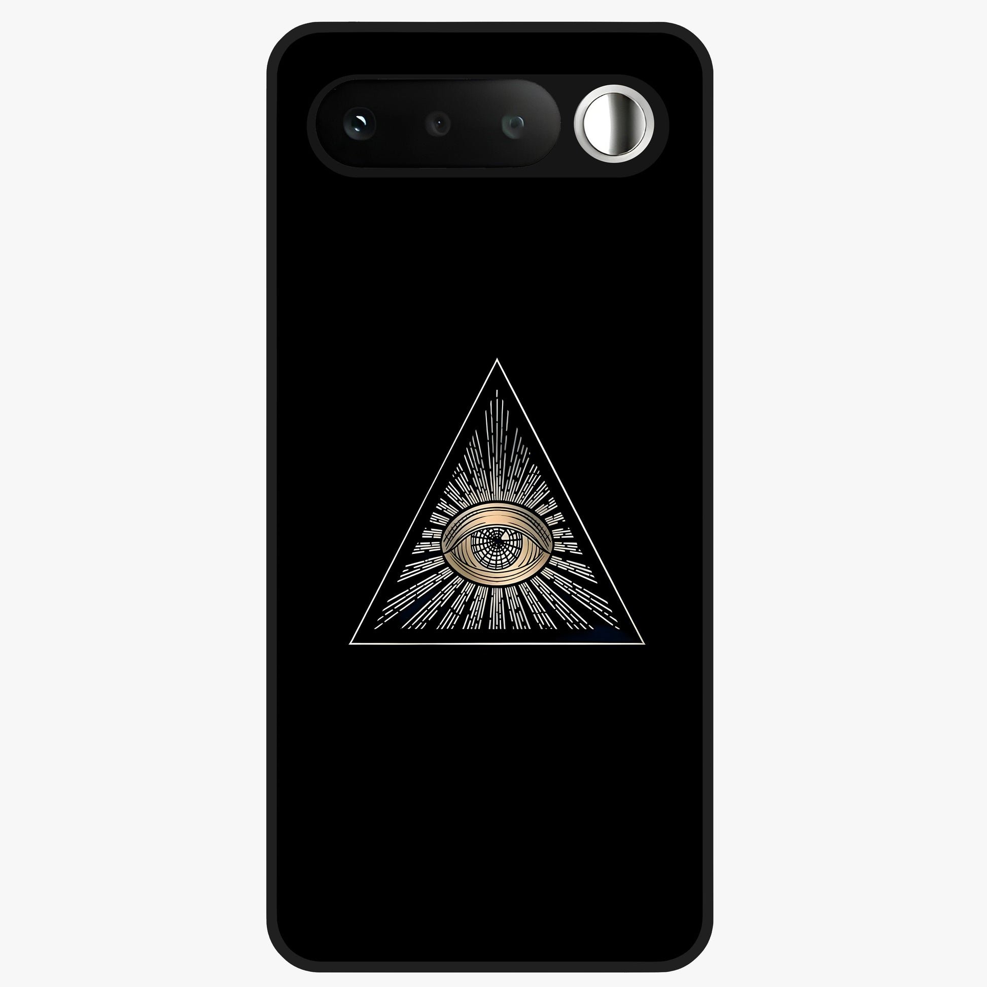 Illuminati Evil Glass Case showing flat back view with mysterious illuminati symbol artwork and glossy glass finish.