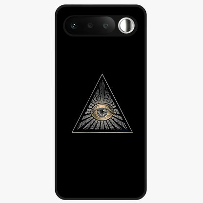 Illuminati Evil Glass Case showing flat back view with mysterious illuminati symbol artwork and glossy glass finish.