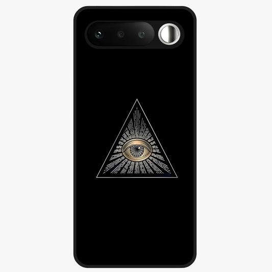 Illuminati Evil Glass Case showing flat back view with mysterious illuminati symbol artwork and glossy glass finish.