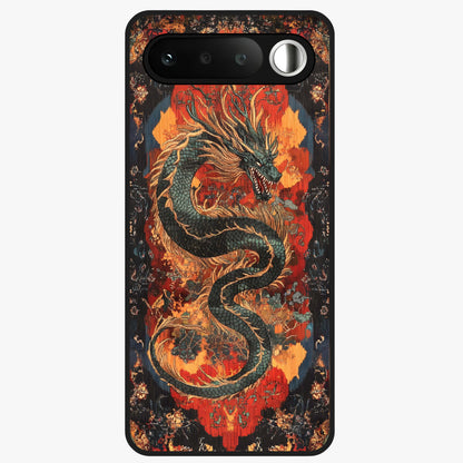 Inferno Dragon Soul Glass Case showing flat back view with fiery dragon artwork and glossy glass finish.