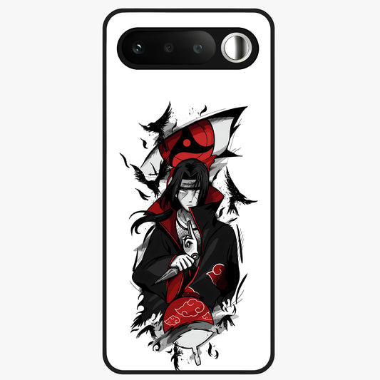 Itachi Sharingan Glass Case showing flat back view with powerful anime eye artwork and glossy glass finish.
