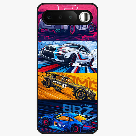 JDM Sports Car Glass Case showing flat back view with high performance sports car artwork and glossy glass finish.