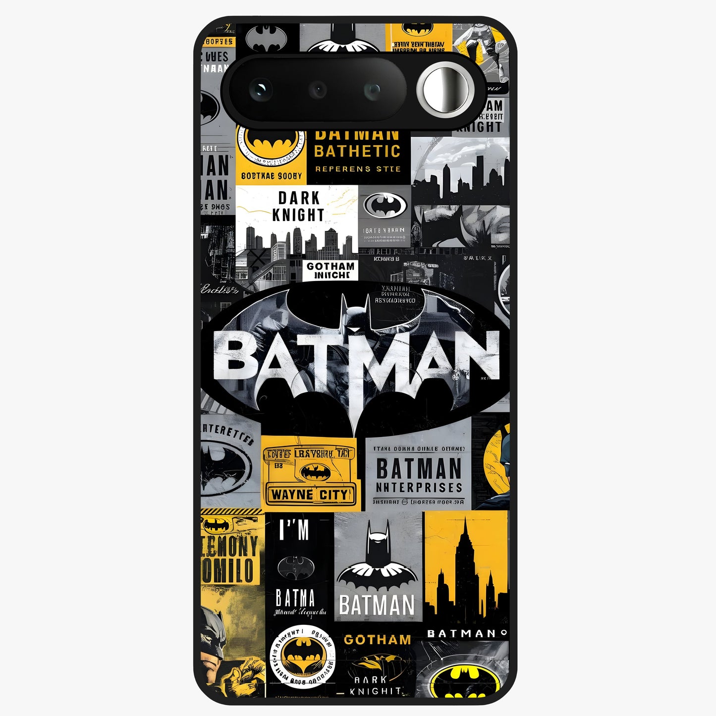 Knight Gotham Rise Glass Case showing flat back view with dark hero inspired artwork and glossy glass finish.