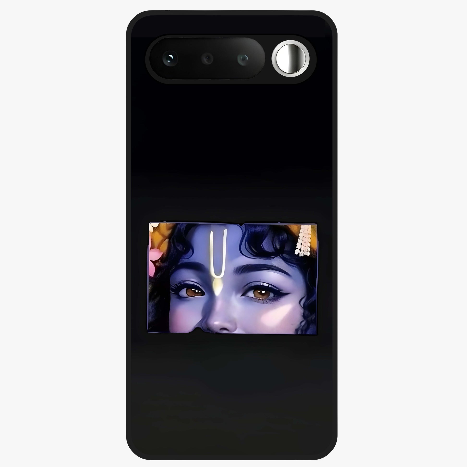 Krishna Divine Embrace Glass Case showing flat back view with Lord Krishna devotional artwork and glossy glass finish.