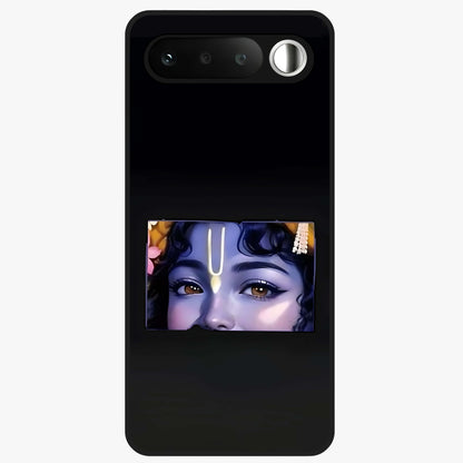 Krishna Divine Embrace Glass Case showing flat back view with Lord Krishna devotional artwork and glossy glass finish.