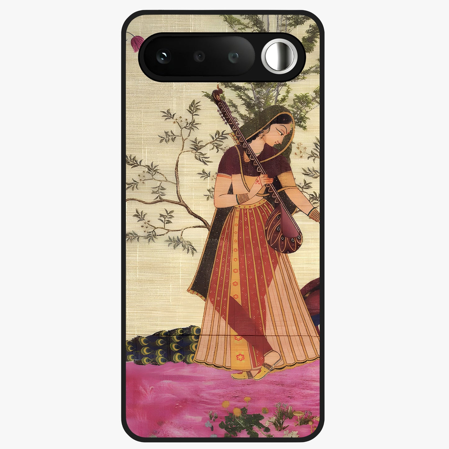 Lady With Veena Art Glass Case showing flat back view with elegant woman playing veena artwork and glossy glass finish.