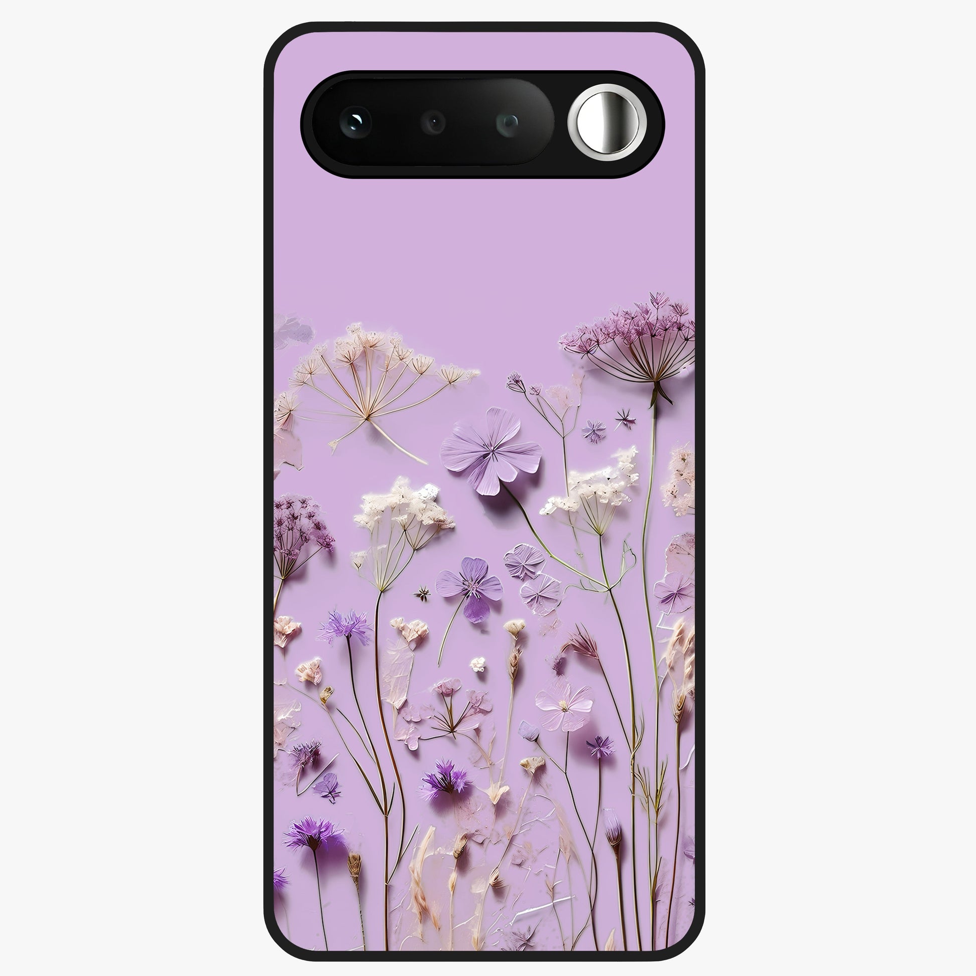 Lavender Blossom Dream Glass Case showing flat back view with soft lavender floral artwork and glossy glass finish.
