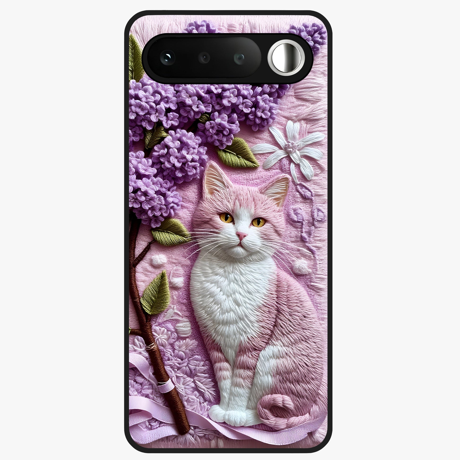Lavender Cat Whimsy Glass Case showing flat back view with cute lavender cat artwork and glossy glass finish.