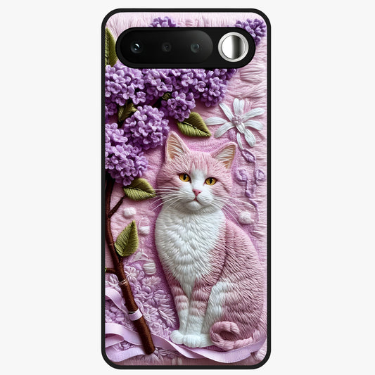Lavender Cat Whimsy Glass Case showing flat back view with cute lavender cat artwork and glossy glass finish.