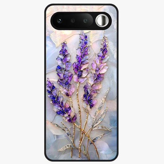 Lavender Dream Glow Glass Case showing flat back view with glowing lavender aesthetic artwork and glossy glass finish.