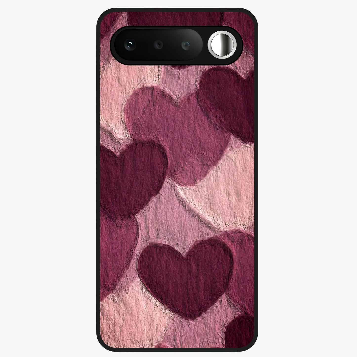Layered Paper Hearts Glass Case showing flat back view with layered paper heart artwork and glossy glass finish.