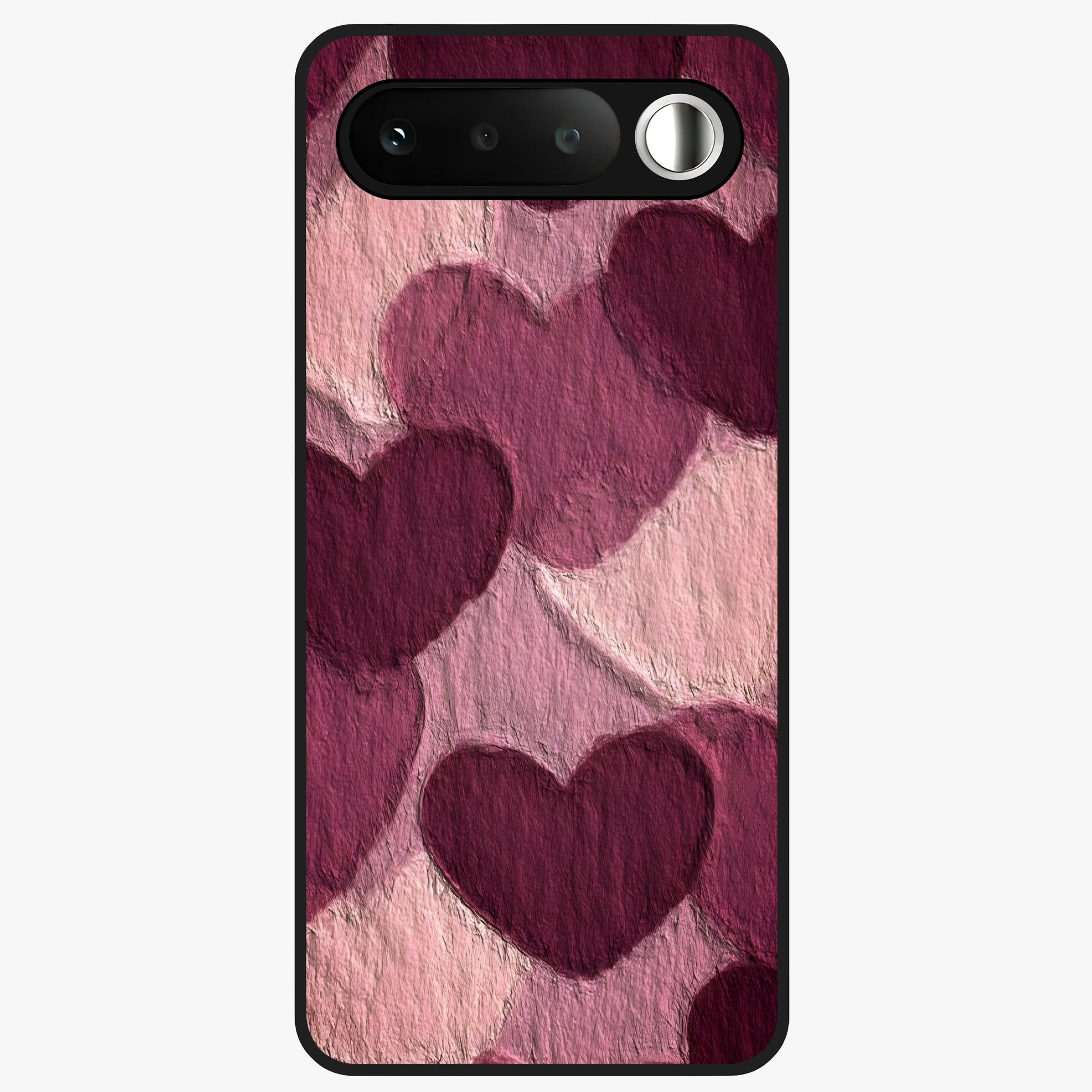 Layered Paper Hearts Glass Case showing flat back view with layered paper heart artwork and glossy glass finish.