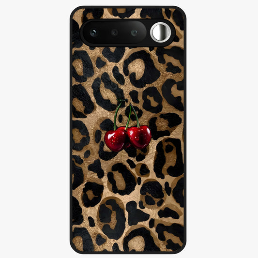 Leopard Wild Cherry Glass Case showing flat back view with leopard pattern and cherry artwork and glossy glass finish.