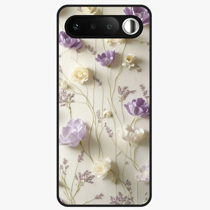 Lilac Breeze Harmony Glass Case showing flat back view with soft lilac themed artwork and glossy glass finish.