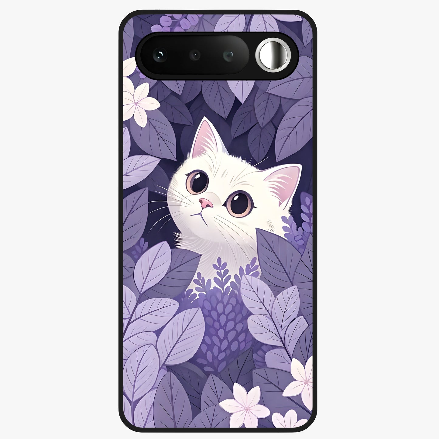 Lilac Hide Peek Cat Glass Case showing flat back view with cute peeking cat artwork and glossy glass finish.