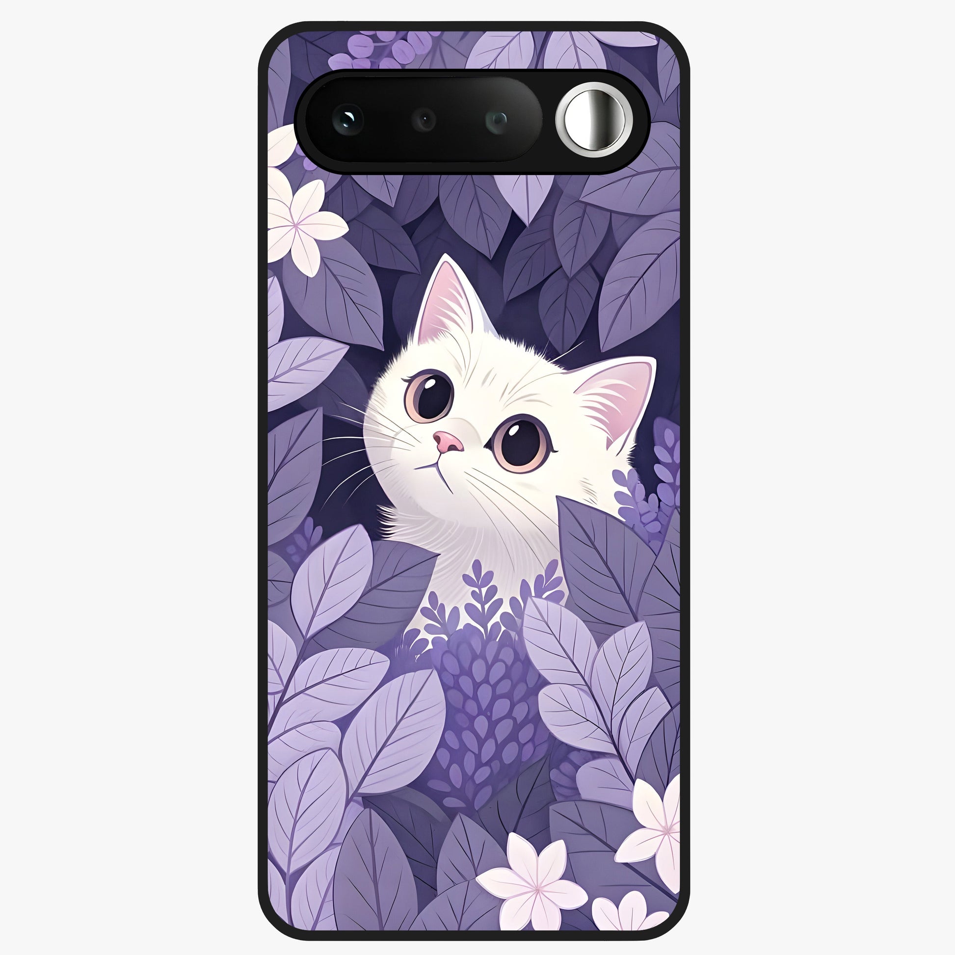 Lilac Hide Peek Cat Glass Case showing flat back view with cute peeking cat artwork and glossy glass finish.