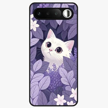 Lilac Hide Peek Cat Glass Case showing flat back view with cute peeking cat artwork and glossy glass finish.