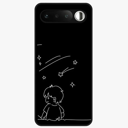 Line Art Boy With Shooting Stars Glass Case showing flat back view with minimal line art boy and shooting stars illustration and glossy glass finish.