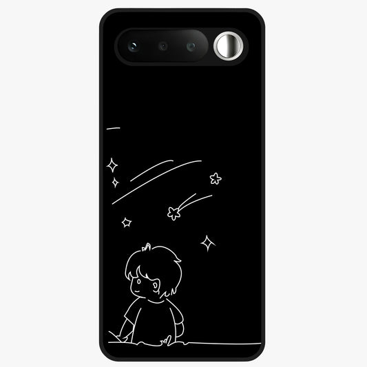Line Art Boy With Shooting Stars Glass Case showing flat back view with minimal line art boy and shooting stars illustration and glossy glass finish.