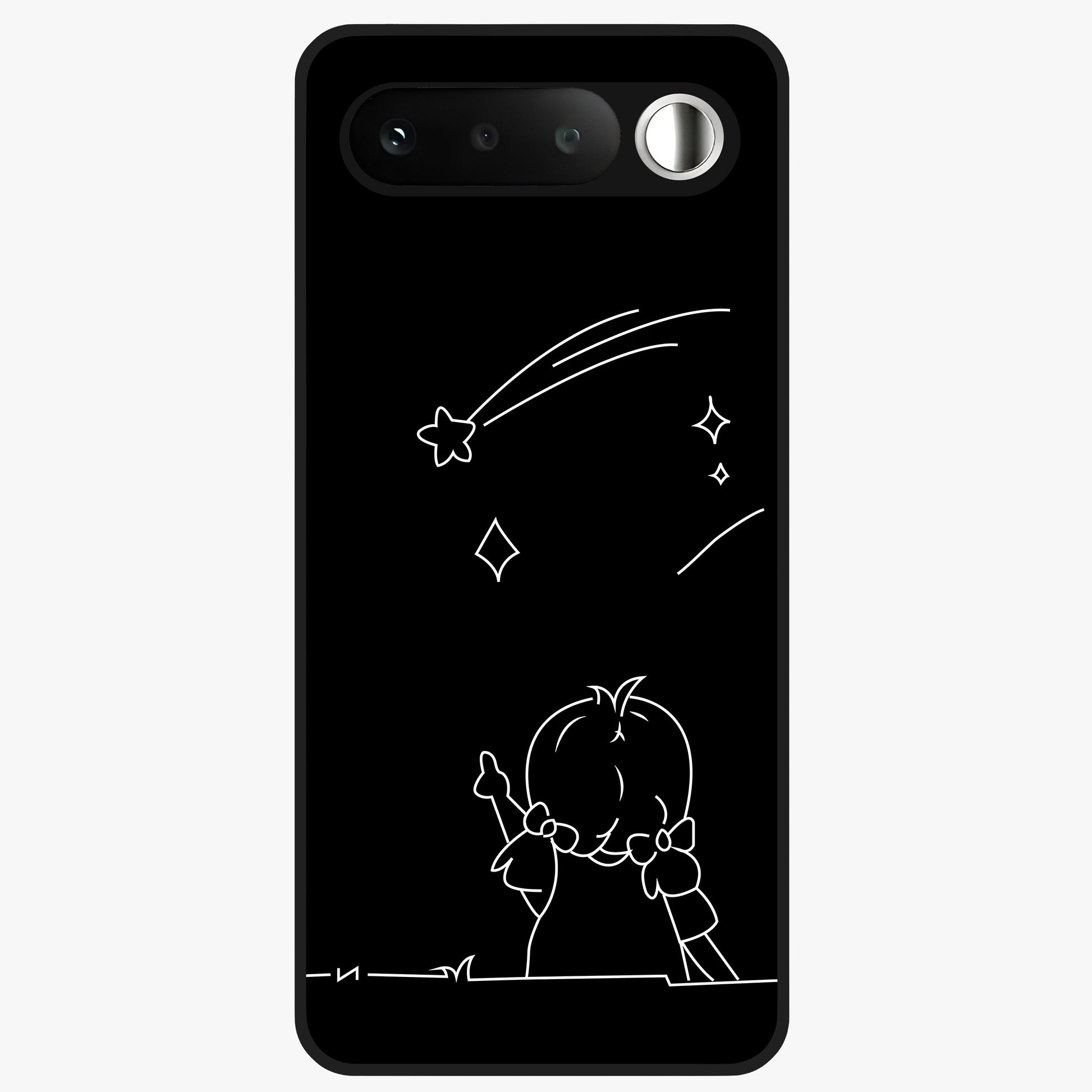 Line Art Girl With Shooting Stars Glass Case showing flat back view with minimal line art girl and shooting stars illustration and glossy glass finish.