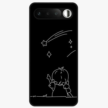 Line Art Girl With Shooting Stars Glass Case showing flat back view with minimal line art girl and shooting stars illustration and glossy glass finish.