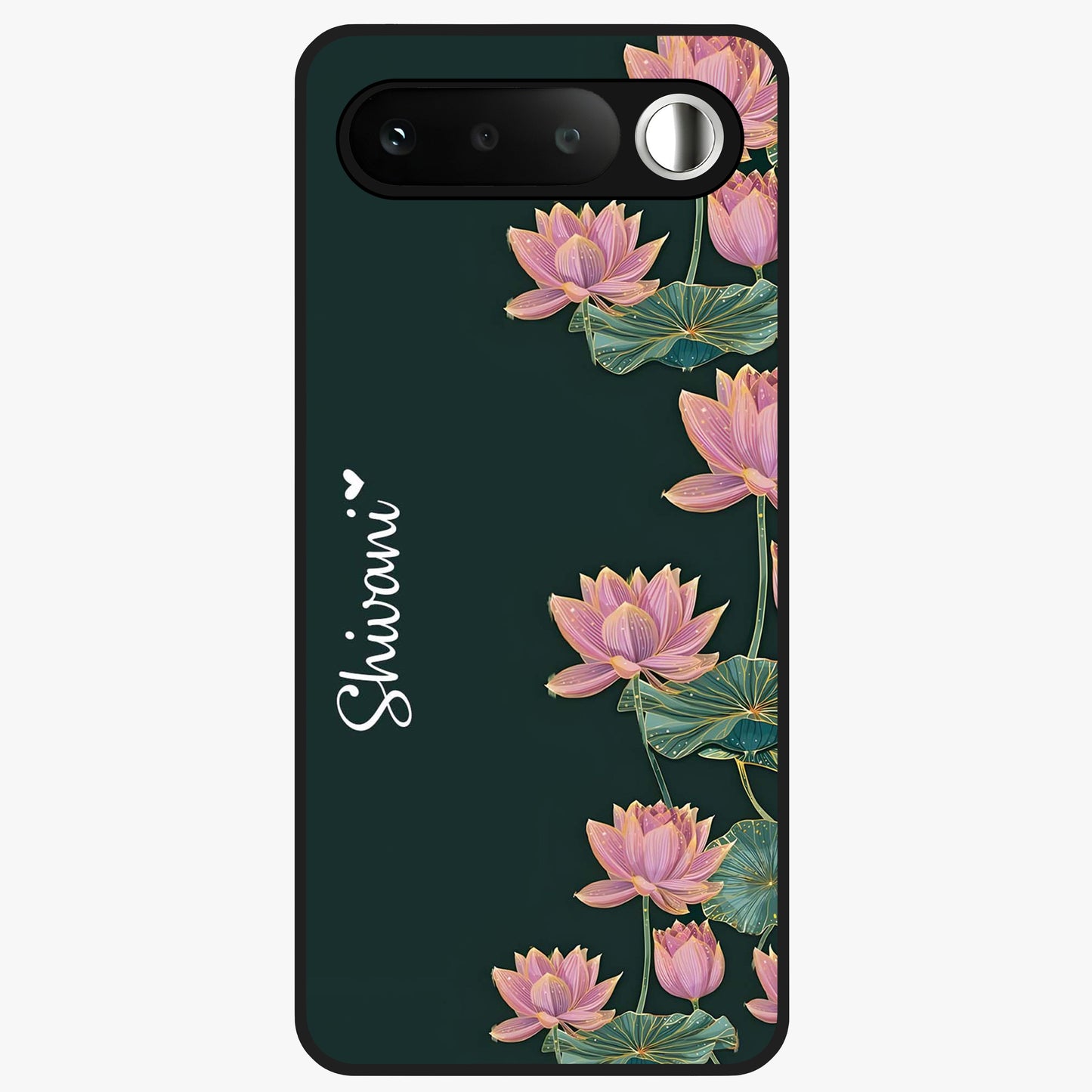Lotus Bloom Serenity Custom Name Glass Case showing flat back view with elegant lotus flower artwork and personalized name design.