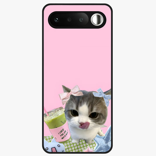 Love Matcha Cat Glass Case showing flat back view with cute cat and matcha themed artwork and glossy glass finish.