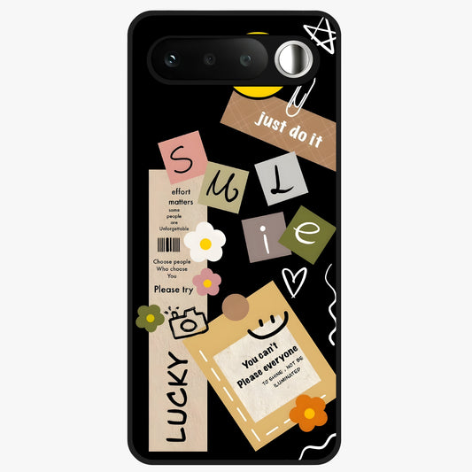 Lucky Aesthetic Collage Glass Case showing flat back view with trendy aesthetic collage artwork and glossy glass finish.