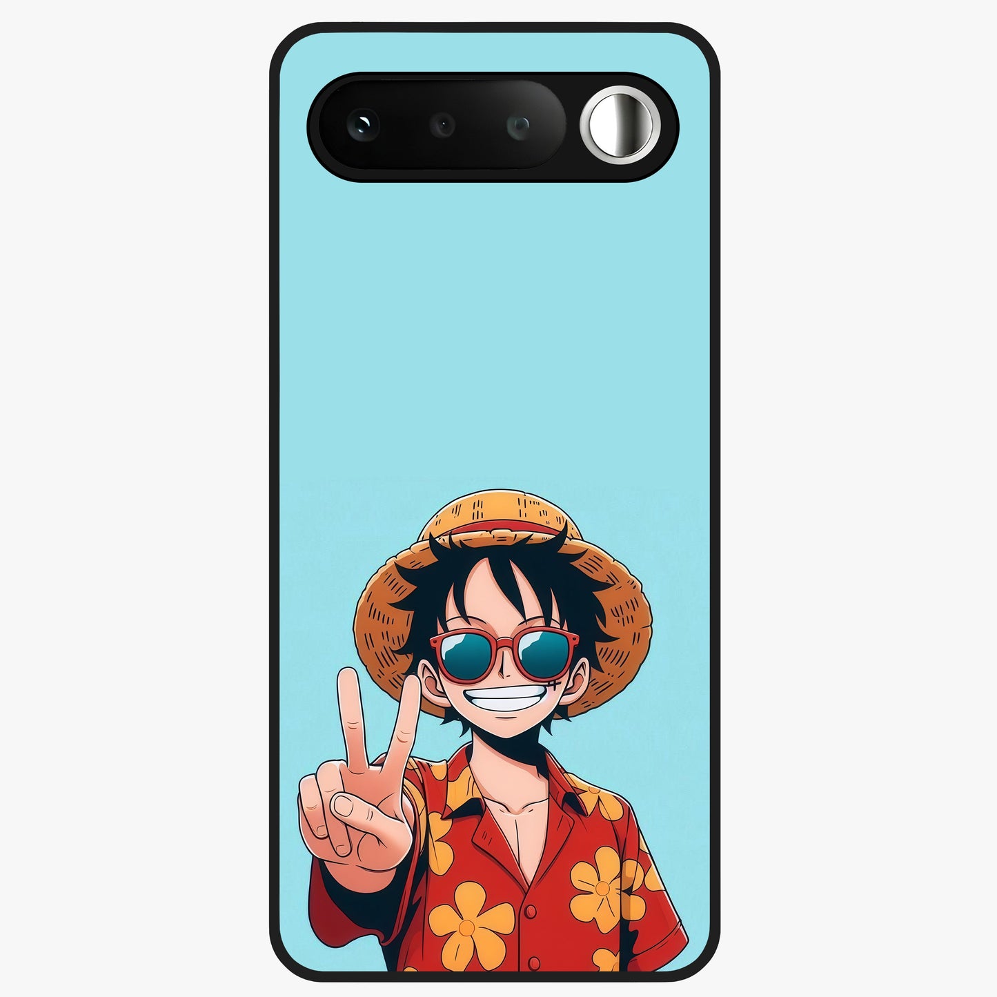 Luffy Summer Anime Vibe Glass Case showing flat back view with vibrant anime character artwork and glossy glass finish.